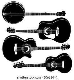 Acoustic guitars and banjo in detailed vector silhouette.  Set includes a variety of body styles for any type of music.