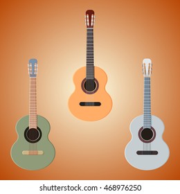 Acoustic guitars of different colors on a brown background. Vector EPS 10.