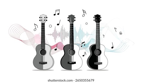 Acoustic guitars with musical notes and sound waves art