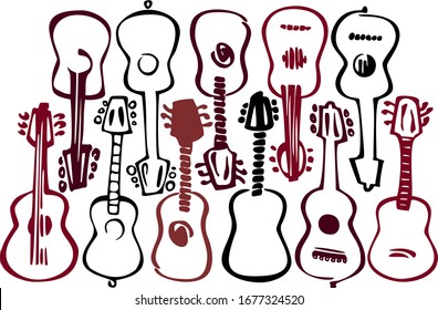 11 guitarras acústicas - Ilustraciones vectoriales. Imagen prediseñada.
