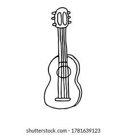 Acoustic hand drawn guitar in doodle style isolated on white background, contour clipart stock vector illustration