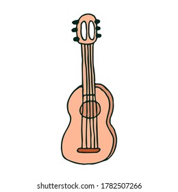 Acoustic hand drawn guitar in doodle style isolated on white background, contour clipart stock vector illustration