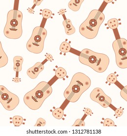 Acoustic hawaii guitar seamless pattern. Cartoon musical summer instrument background. Vector isolated element.