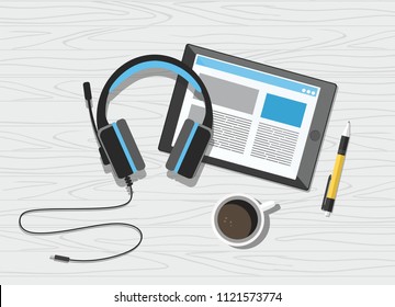 Acoustic headphones with tablet and coffee on white wooden background vector illustration