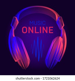 Acoustic headphones wireframe and online music title with neon radio wave contour. Vector illustration with outline portable earphones or dj headset device in line art style on dark blue background