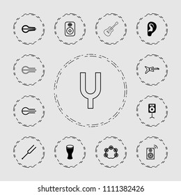 Acoustic icon. collection of 13 acoustic filled and outline icons such as musical instrument, loudspeaker, drum, guitar, tonometer. editable acoustic icons for web and mobile.