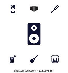 Acoustic icon. collection of 7 acoustic filled icons such as tonometer, guitar, loudspeaker, music loudspeaker, drum. editable acoustic icons for web and mobile.