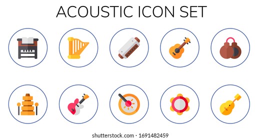 acoustic icon set. 10 flat acoustic icons.  Simple modern icons such as: piano, xylophone, harp, electric guitar, harmonica, drum, guitar, tambourine, castanet