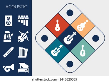 acoustic icon set. 13 filled acoustic icons.  Collection Of - Guitar, French horn, Piano, Flute, Harp, Metronome, Cello, Woofer, Electric guitar, Instrument
