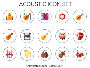 acoustic icon set. 15 flat acoustic icons.  Simple modern icons about  - xylophone, guitar, piano, accordion, tambourine, drum, drum set, trombone, castanet, cello