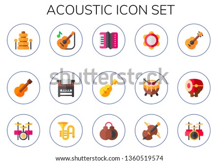 acoustic icon set. 15 flat acoustic icons.  Simple modern icons about  - xylophone, guitar, piano, accordion, tambourine, drum, drum set, trombone, castanet, cello