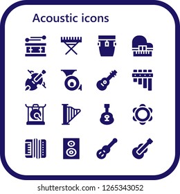  acoustic icon set. 16 filled acoustic icons. Simple modern icons about  - Drum, Electric piano, Conga, Piano, Cello, French horn, Guitar, Flute, Gong, Harp, Tambourine, Accordion