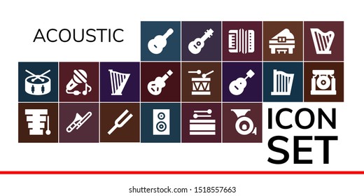 acoustic icon set. 19 filled acoustic icons.  Collection Of - Guitar, Drum, Xylophone, Trombone, Diapason, Woofer, French horn, Sing, Harp, Electric guitar, Gong, Accordion icons