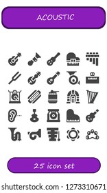  acoustic icon set. 25 filled acoustic icons. Simple modern icons about  - Guitar, Horn, Piano, Flute, Diapason, Veena, Mandolin, French horn, Gong, Harmonica, Drum, Jukebox, Harp