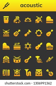acoustic icon set. 26 filled acoustic icons.  Simple modern icons about  - Conga, Diapason, Sing, Tambourine, Cello, Piano, Drum, Guitar, Horn, Fiddle, Jukebox, Mandolin, French horn
