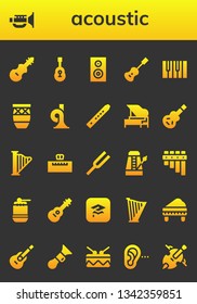 acoustic icon set. 26 filled acoustic icons.  Collection Of - Fiddle, Jazz, Guitar, Woofer, Acoustic guitar, Piano, Conga, French horn, Flute, Electric guitar, Harp, Diapason
