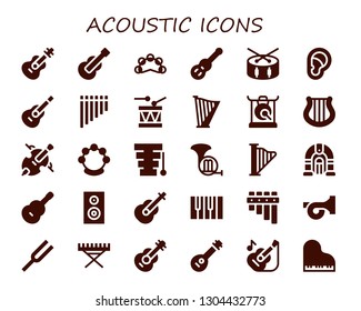 acoustic icon set. 30 filled acoustic icons.  Collection Of - Guitar, Tambourine, Drum, Ear, Flute, Harp, Gong, Cello, Xylophone, French horn, Jukebox, Woofer, Piano, Diapason