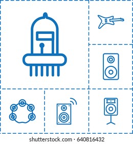 Acoustic icon. set of 6 acoustic outline icons such as musical instrument, tambourine, loudspeaker, music loudspeaker