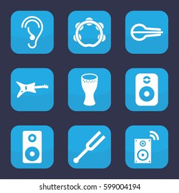 acoustic icon. Set of 9 filled acoustic icons such as ear, musical instrument, tonometer, tambourine, loudspeaker, drum, speaker, music loudspeaker