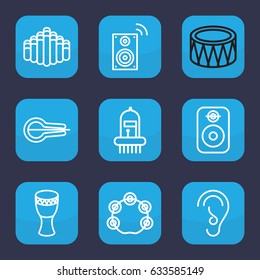 Acoustic icon. set of 9 outline acoustic icons such as ear, musical instrument, drum, harmonica, tambourine, speaker