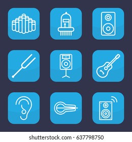 Acoustic icon. set of 9 outline acoustic icons such as ear, musical instrument, tonometer, guitar, harmonica, loudspeaker