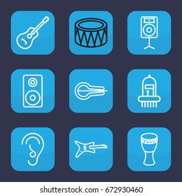 Acoustic icon. set of 9 outline acoustic icons such as ear, musical instrument, guitar, drum