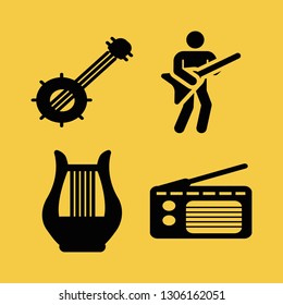 acoustic icon set with banjo, harp and guitar player vector illustration