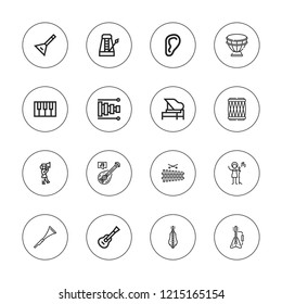 Acoustic icon set. collection of 16 outline acoustic icons with balalaika, dulcimer, ear, electric guitar, cornet, drum, drums, guitar, metronome, parade, piano icons.
