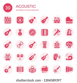 acoustic icon set. Collection of 30 filled acoustic icons included Drum, Itunes, Guitar, Yueqin, Accordion, Horn, Bands, Timpani, Drums, Harp, Conga, Cello, Violin, Listen, Piano