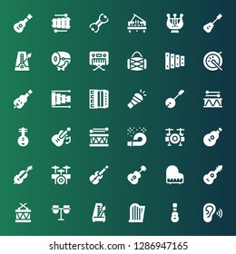 acoustic icon set. Collection of 36 filled acoustic icons included Listen, Acoustic guitar, Harp, Metronome, Conga, Drums, Guitar, Piano, Violin, Drum set, Cello, Horn, Drum, Yueqin