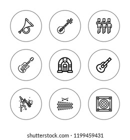 Acoustic icon set. collection of 9 outline acoustic icons with ektara, electric guitar, jukebox, french horn, guitar, music box, parade icons. editable icons.