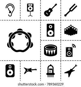 Acoustic icons. set of 13 editable filled acoustic icons such as guitar, ear, tonometer, drum, harmonica, musical instrument, tambourine, loudspeaker, speaker