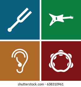 Acoustic icons set. set of 4 acoustic filled icons such as ear, tonometer, tambourine