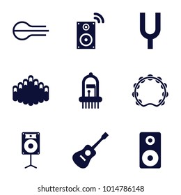 Acoustic icons. set of 9 editable filled acoustic icons such as harmonica, musical instrument, loudspeaker, music loudspeaker, tonometer, guitar
