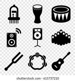Acoustic icons set. set of 9 acoustic filled icons such as tonometer, guitar, drum, harmonica, musical instrument, tambourine, loudspeaker