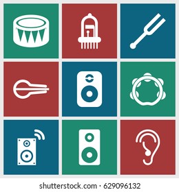 Acoustic icons set. set of 9 acoustic filled icons such as ear, musical instrument, tonometer, drum, tambourine, loudspeaker, speaker