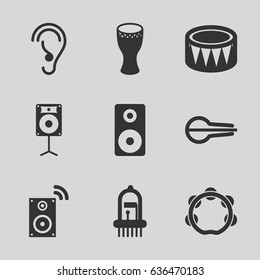 Acoustic icons set. set of 9 acoustic filled icons such as ear, musical instrument, drum, tambourine, loudspeaker