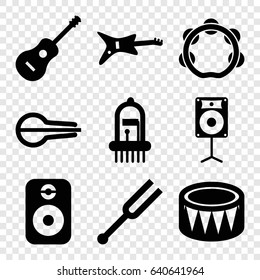 Acoustic icons set. set of 9 acoustic filled icons such as musical instrument, tonometer, guitar, drum, tambourine, loudspeaker