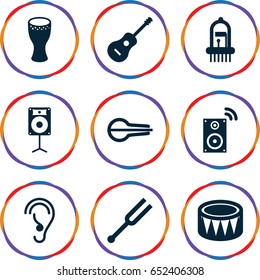 Acoustic icons set. set of 9 acoustic filled icons such as ear, musical instrument, tonometer, guitar, drum, loudspeaker