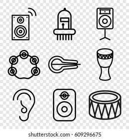 Acoustic icons set. set of 9 acoustic outline icons such as ear, musical instrument, drum, tambourine, loudspeaker, speaker