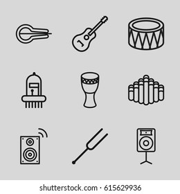 Acoustic icons set. set of 9 acoustic outline icons such as musical instrument, tonometer, guitar, drum, harmonica, loudspeaker