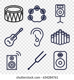 Acoustic icons set. set of 9 acoustic outline icons such as ear, tonometer, guitar, drum, harmonica, tambourine, loudspeaker, speaker