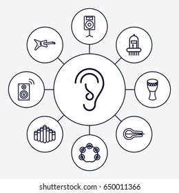 Acoustic icons set. set of 9 acoustic outline icons such as ear, musical instrument, harmonica, tambourine, loudspeaker, drum, music loudspeaker