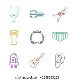 acoustic icons. Trendy 9 acoustic icons. Contain icons such as ear, guitar, musical instrument, harmonica, tambourine, drum, tonometer. acoustic icon for web and mobile.