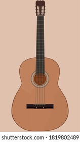 Acoustic instrument. Classical guitar. Front view drawing. Plain background. Illustrative. Wooden instrument. Vector Illustration.