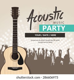 Acoustic music event, Party concert poster with silhouette of people background.