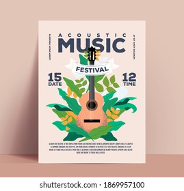 Acoustic music festival or concert or party poster or flyer or invitation design template with classic acoustic guitar on floral background with typographic composition. Vintage styled flat vector