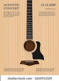 Acoustic music festival flyer poster design template, acoustic guitar on wood texture background, vector illustration