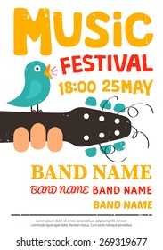 Acoustic Music Festival Poster, Flyer With A Bird Singing On A Guitar. Vector Illustration