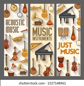 Acoustic music, folk, jazz and orchestra musical instruments. Vector contrabass and harp, piano and violin, maracas and saxophone. Ethnic drums and cymbals, trumpet and harp, banjo guitar, flute pipe